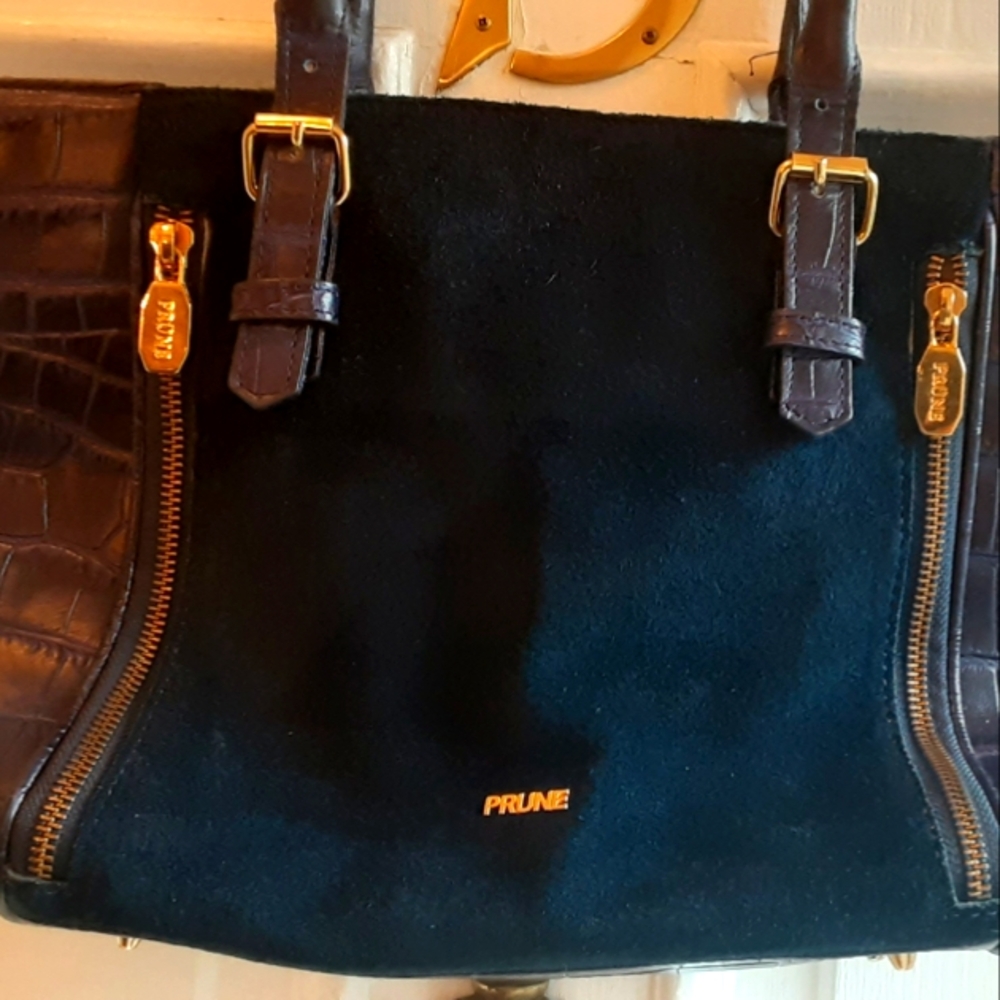 PRUNE Designer LEATHER Croco and Suede Blue  Satchel Tote handbag Like Nu $250
